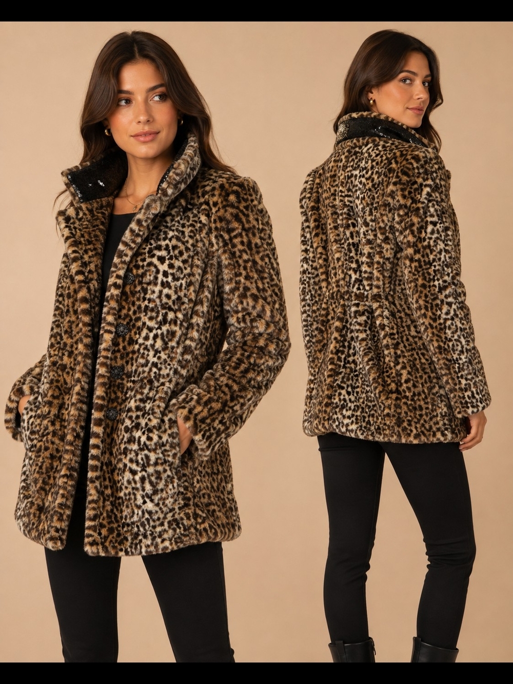 Leopard Faux Fur Coat Women Animal Print Sequin Collar Jacket
